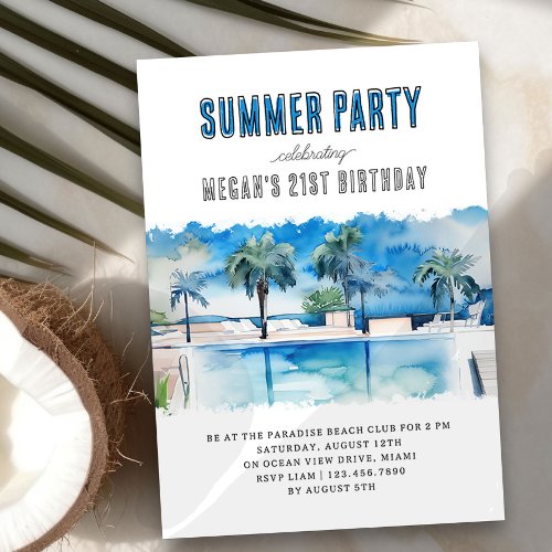 Summer Party Watercolor Tropical Pool Birthday Invitation