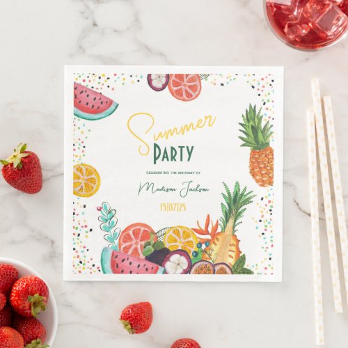 Summer party yellow tropical fruit invitation paper dinner napkins