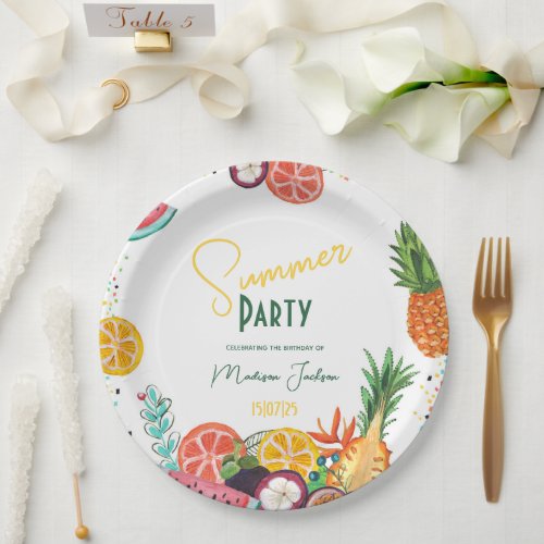 Summer party yellow tropical fruit invitation paper plates