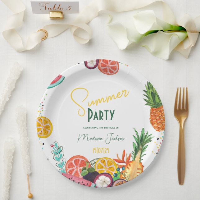 Summer party yellow tropical fruit invitation paper plates (Wedding)