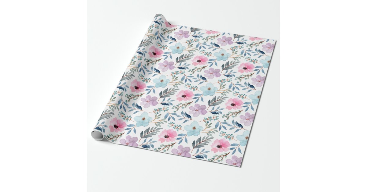 Summer Pastel Blue Watercolor Flowers Pattern Wrapping Paper | Zazzle