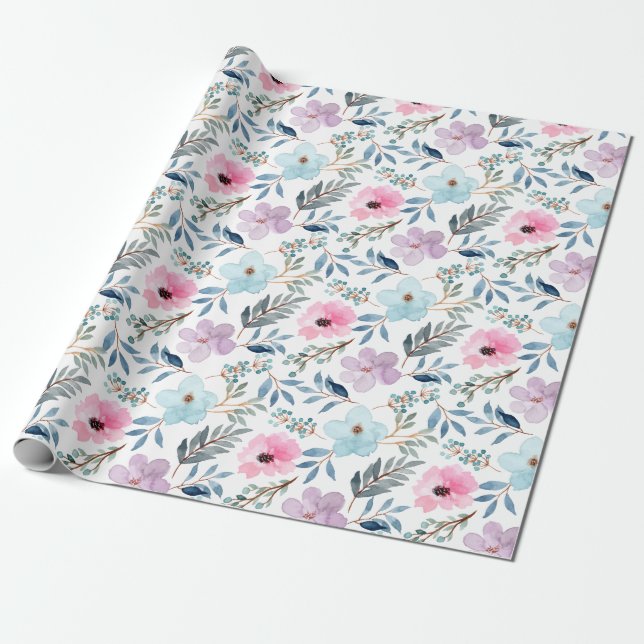 Summer Pastel Blue Watercolor Flowers Pattern  Wrapping Paper (Unrolled)