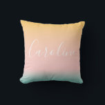 Summer Pastel Gradient Personalized Name Nursery  Throw Pillow<br><div class="desc">A soft ombré fade in sunset-inspired tones of golden yellow, blush pink, and aqua blue creates a serene, dreamy backdrop for your custom name in elegant script. This personalized pillow makes a thoughtful decor accent for a bedroom, nursery, or cozy reading nook. Ideal for kids, teens, or anyone who loves...</div>