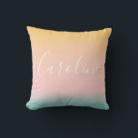 Summer Pastel Gradient Personalized Name Nursery  Throw Pillow<br><div class="desc">A soft ombré fade in sunset-inspired tones of golden yellow, blush pink, and aqua blue creates a serene, dreamy backdrop for your custom name in elegant script. This personalized pillow makes a thoughtful decor accent for a bedroom, nursery, or cozy reading nook. Ideal for kids, teens, or anyone who loves...</div>