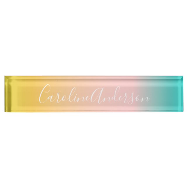 Summer Pastel Gradient | Personalized Script Name  Desk Name Plate (Front)