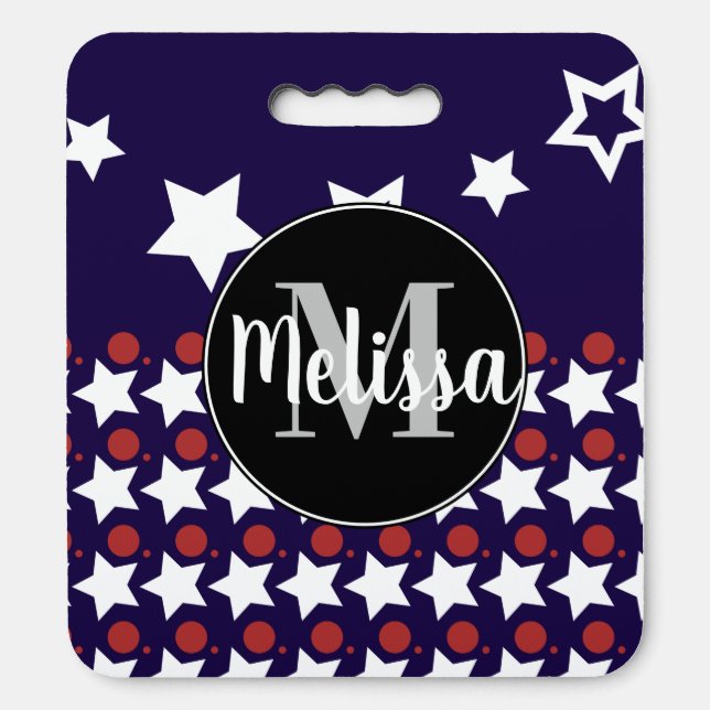 Summer Patriotic Dots and  Stars Initial Name Seat Cushion (Front Vertical)