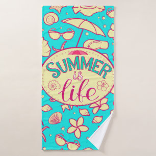 Summer pattern on turquoise background: umbrella,s bath towel