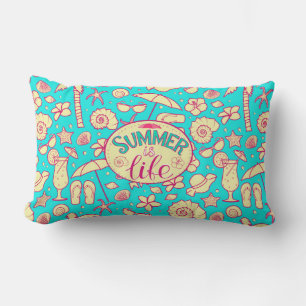 Summer pattern on turquoise background: umbrella,s lumbar pillow