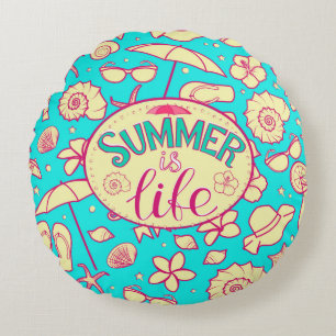Summer pattern on turquoise background: umbrella,s round pillow
