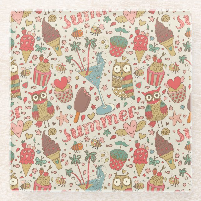 Summer Pattern With Ice Cream Glass Coaster (Front)