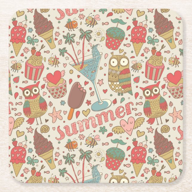Summer Pattern With Ice Cream Square Paper Coaster (Front)