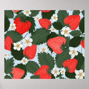 Summer pattern with strawberries. Strawberries lea Poster