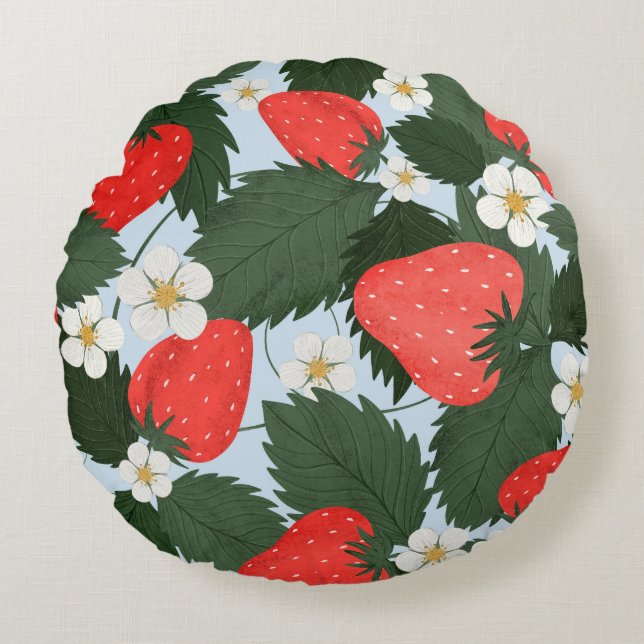 Summer pattern with strawberries. Strawberries lea Round Pillow (Front)