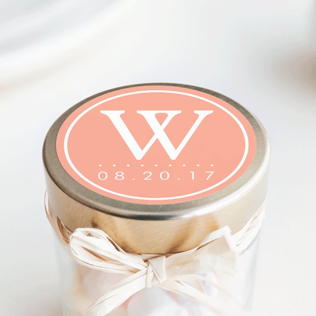 Summer Peach Monogram Wedding Date Classic Round Sticker (Creator Uploaded)