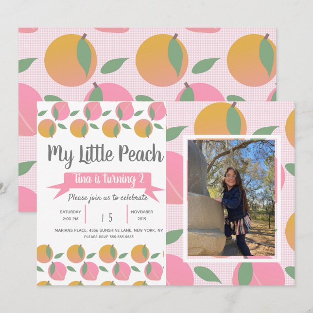 Summer Peach Pattern Fruit Birthday Party Photo Invitation (Front/Back)