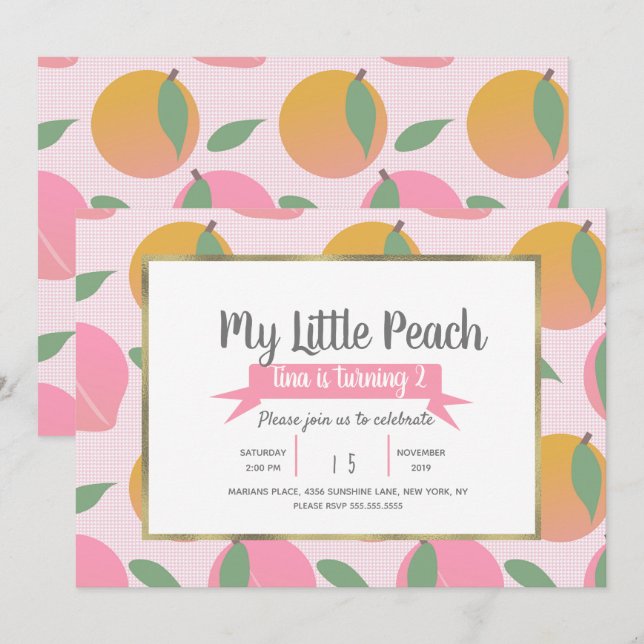 Summer Peach Pattern Fruit Birthday Party Pink Invitation (Front/Back)