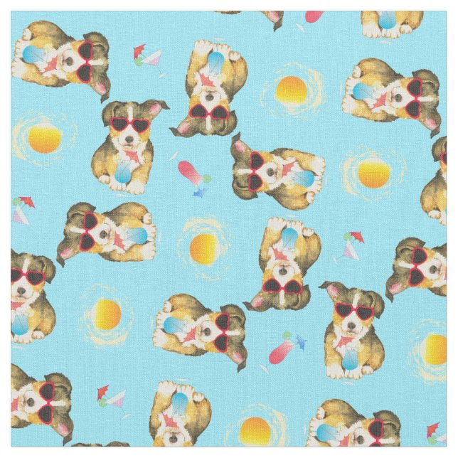 Summer Pembroke Welsh Corgi Fabric (Close Up)