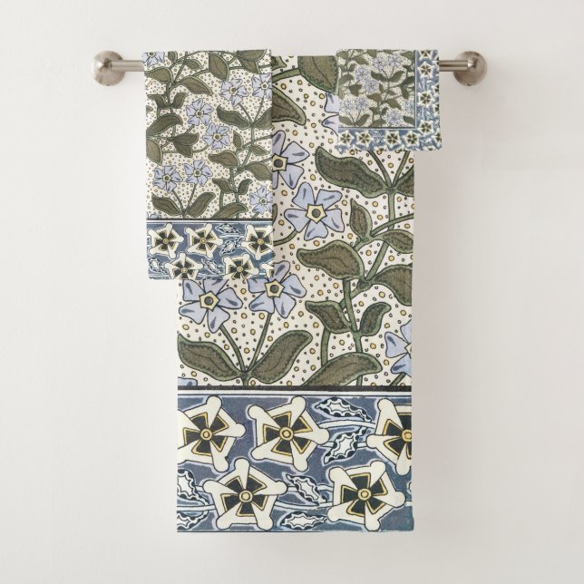 Summer Periwinkle Flower Art Nouveau Botanical Bath Towel Set (Insitu)