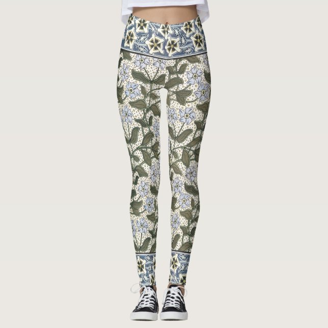 Summer Periwinkle Flower Art Nouveau Botanical Leggings (Front)