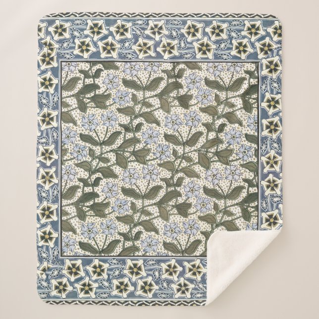 Summer Periwinkle Flower Art Nouveau Botanical Sherpa Blanket (Front)