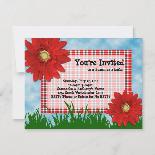 Summer Picnic Cookout Invitation, Bright Red Daisy Invitation (Front)