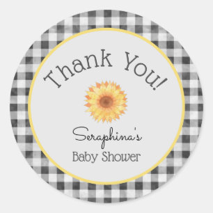 Summer Picnic Gingham Sunflower Baby Shower Classic Round Sticker