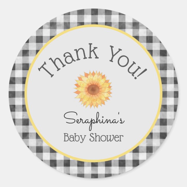Summer Picnic Gingham Sunflower Baby Shower Classic Round Sticker (Front)