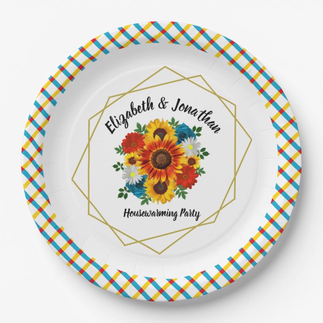 Summer Picnic Party Geometric Floral Paper Plates (Front)