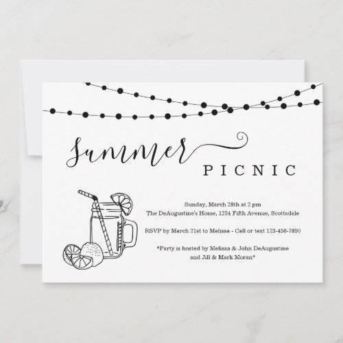 Summer Picnic Party Invitation - Summer Picnic Party Invitation - Hand-drawn lemonade artwork on a classic and simple backdrop.