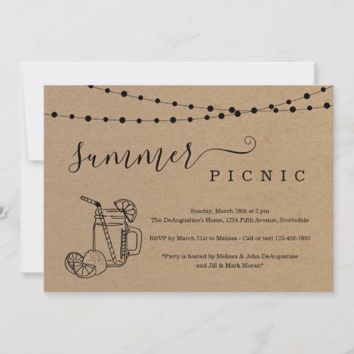 Summer Picnic Party Invitation - Summer Picnic Party Invitation - Hand-drawn lemonade artwork on a wonderfully rustic kraft background.