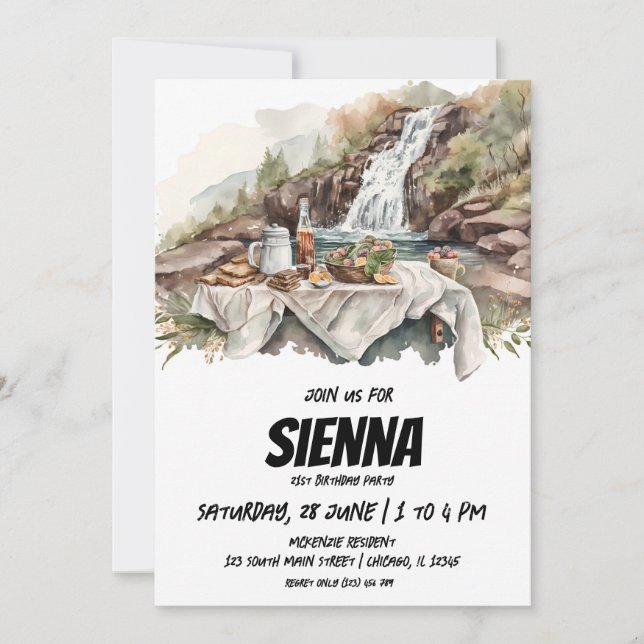 Summer Picnic waterfalls view Invitation (Front)