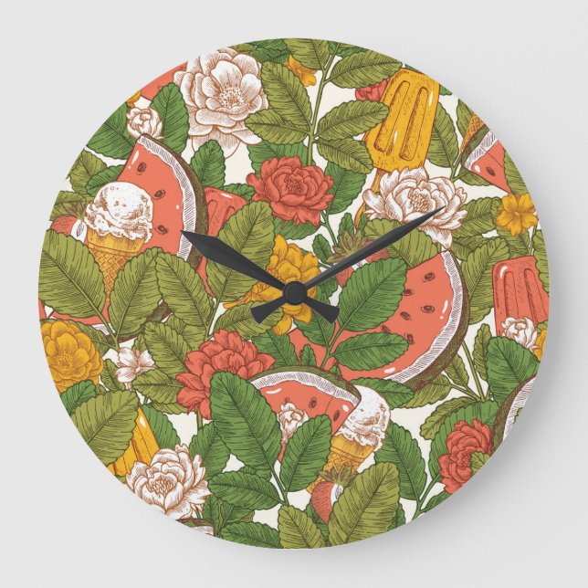 Summer Picnic Watermelon Ice Cream Large Clock (Front)
