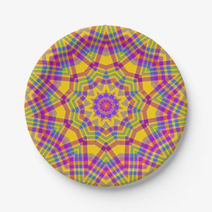 Summer Picnic Yellow Plaid Kaleidoscope Paper Plates