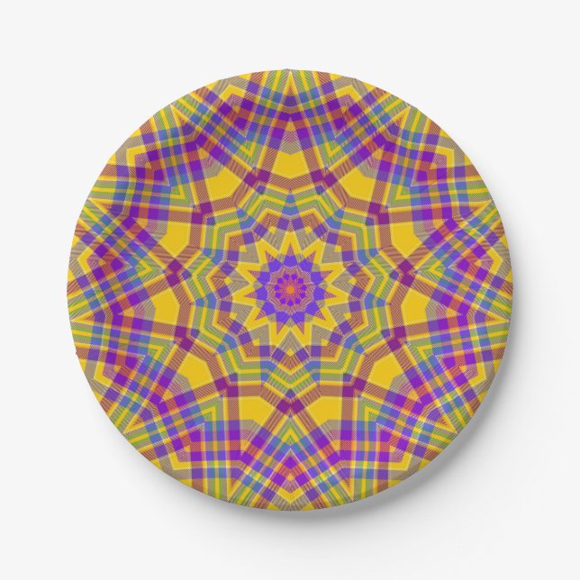 Summer Picnic Yellow Plaid Kaleidoscope Paper Plates (Front)
