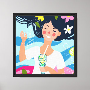 Summer picture, happy girl with glass of water canvas print