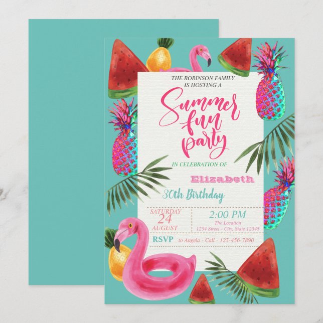 Summer, Pineapple, Watermelon Birthday Party Invitation (Front/Back)