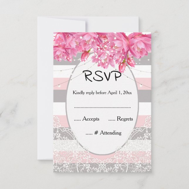 Summer pink and grey stripes Floral Lace wedding RSVP Card (Front)