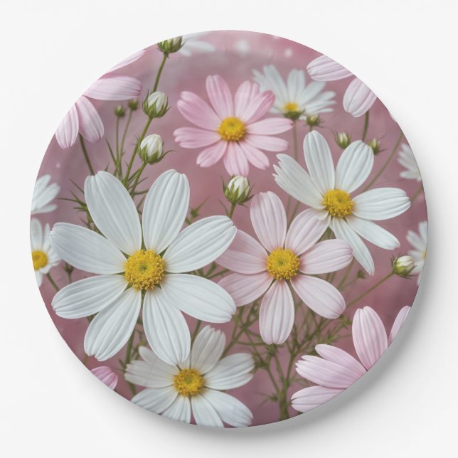 Summer Pink and White Daisies Paper Plates (Front)