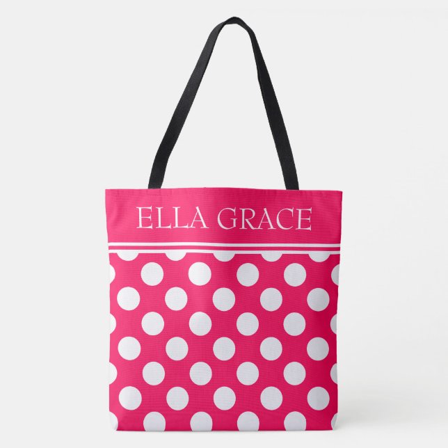 Summer Pink and White Polka Dot Personalized Tote Bag (Front)