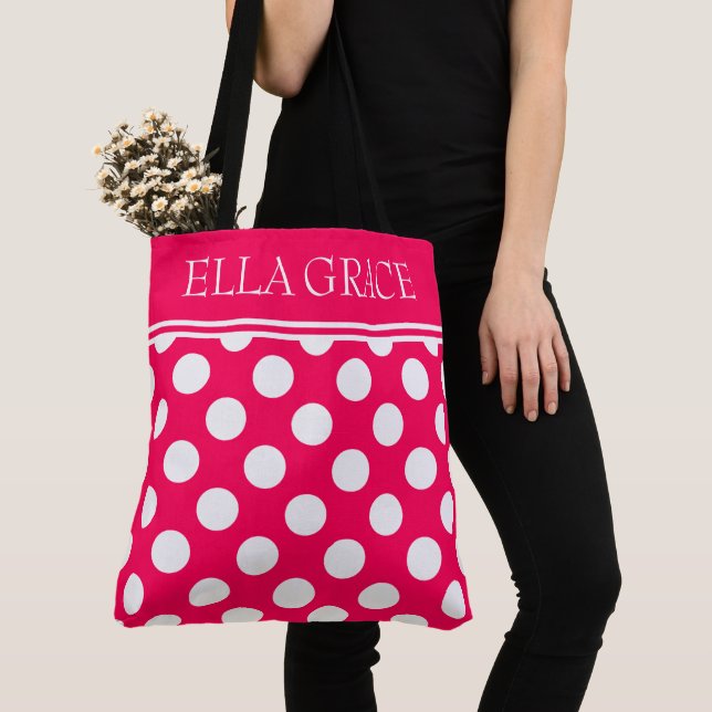 Summer Pink and White Polka Dot Personalized Tote Bag (Close Up)