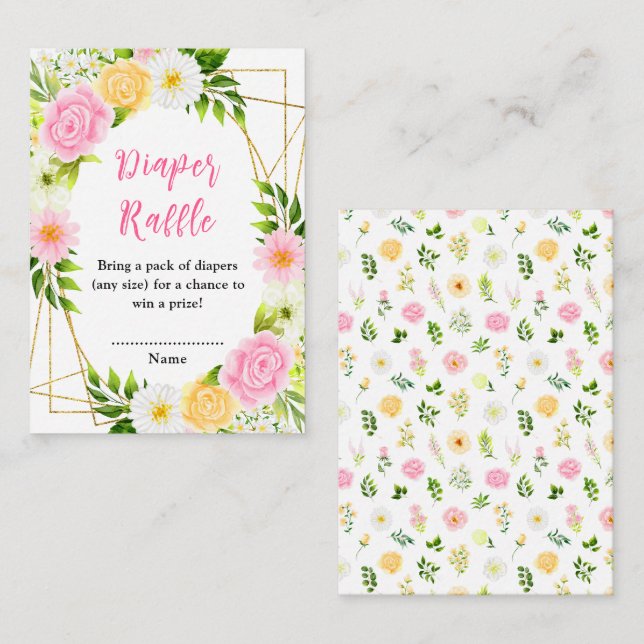 Summer Pink and Yellow Floral Baby Diaper Raffle Enclosure Card (Front/Back)
