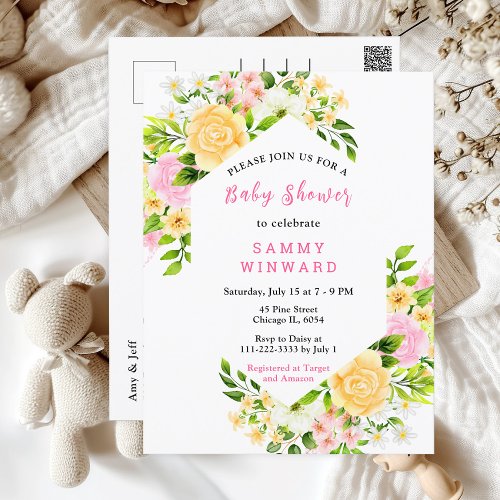Summer Pink and Yellow Floral Baby Shower Postcard