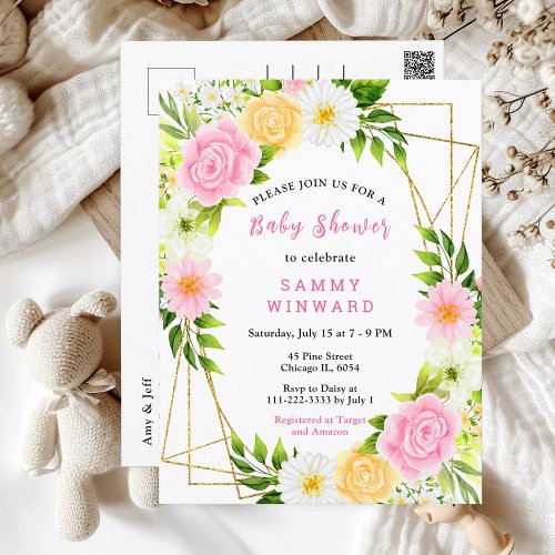 Summer Pink and Yellow Floral Baby Shower Postcard