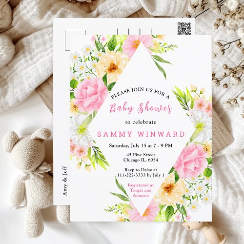 Summer Pink and Yellow Floral Baby Shower Postcard