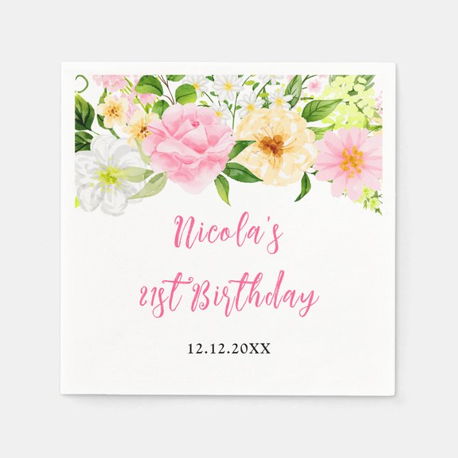 Summer Pink and Yellow Floral Birthday Napkins (Front)
