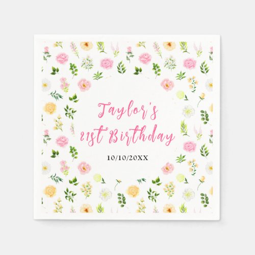 Summer Pink and Yellow Floral Birthday Napkins