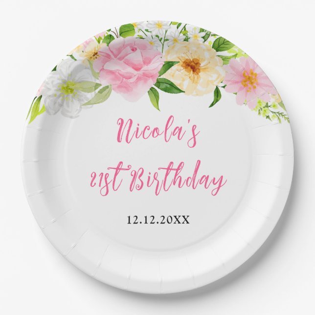 Summer Pink and Yellow Floral Birthday Paper Plates (Front)