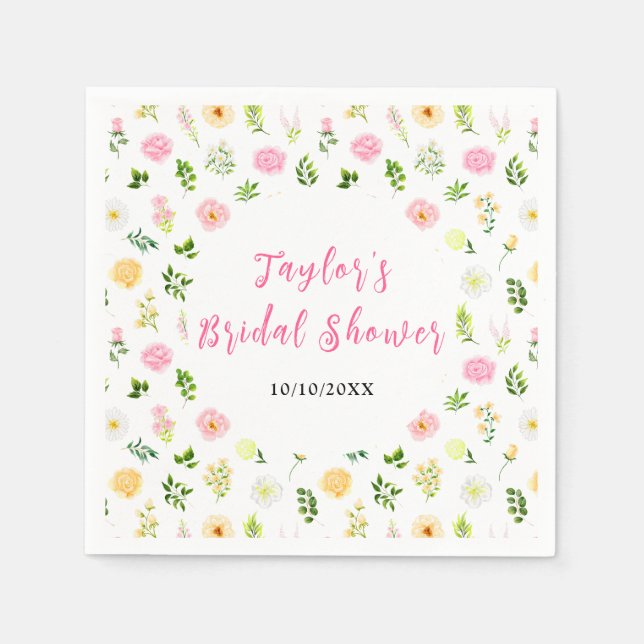 Summer Pink and Yellow Floral Bridal Shower Napkins (Front)