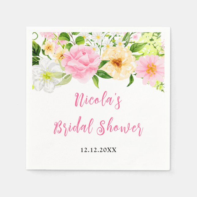 Summer Pink and Yellow Floral Bridal Shower Napkins (Front)