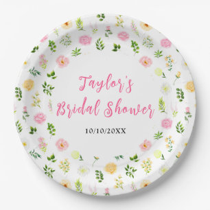Summer Pink and Yellow Floral Bridal Shower Paper Plates